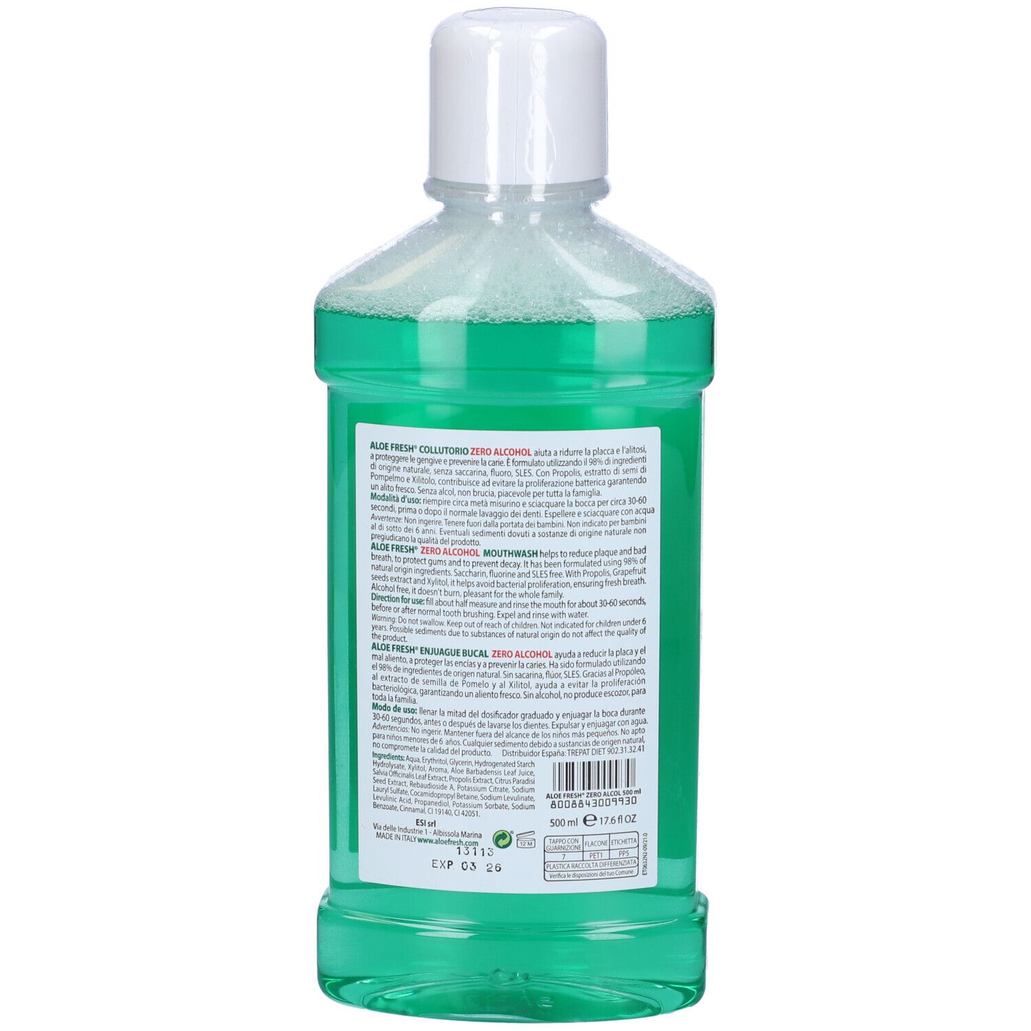 Retro di un flacone di collutorio verde. ESI Aloe Fresh. Testo in più lingue. 500 ml. Data di scadenza.