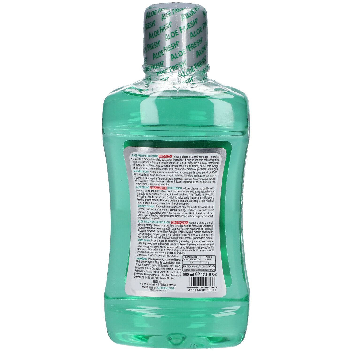 Retro di un flacone di collutorio verde. ESI Aloe Fresh. Testo in più lingue. 500 ml. Data di scadenza.