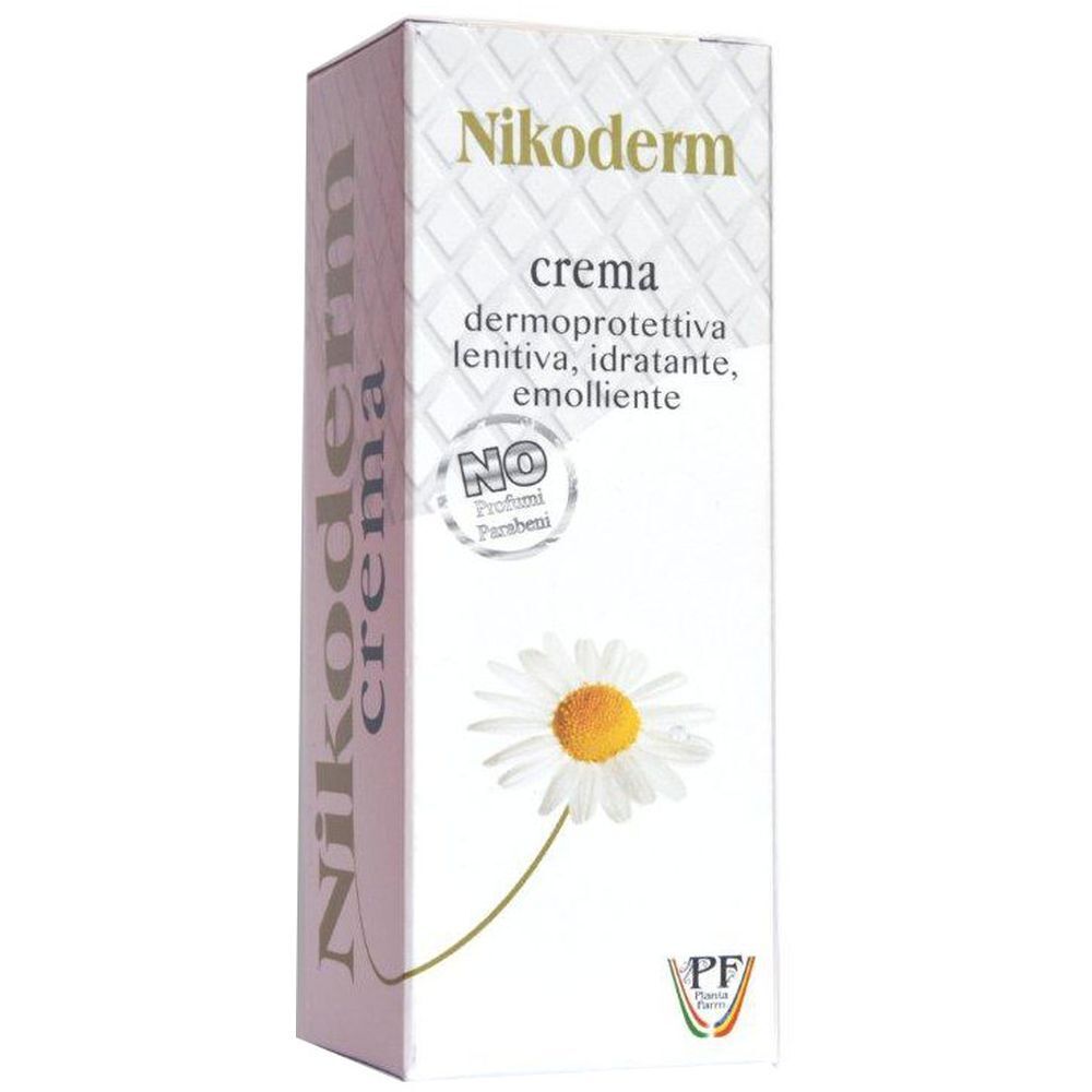 Confezione Nikoderm Crema. Scatola bianca con nome prodotto, informazioni e fiore di camomilla. Senza parabeni.