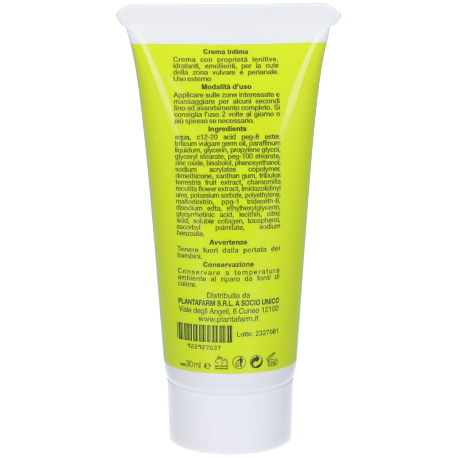 Retro del tubo. Ingredienti, istruzioni e avvertenze. 30ml. Plantafarm.