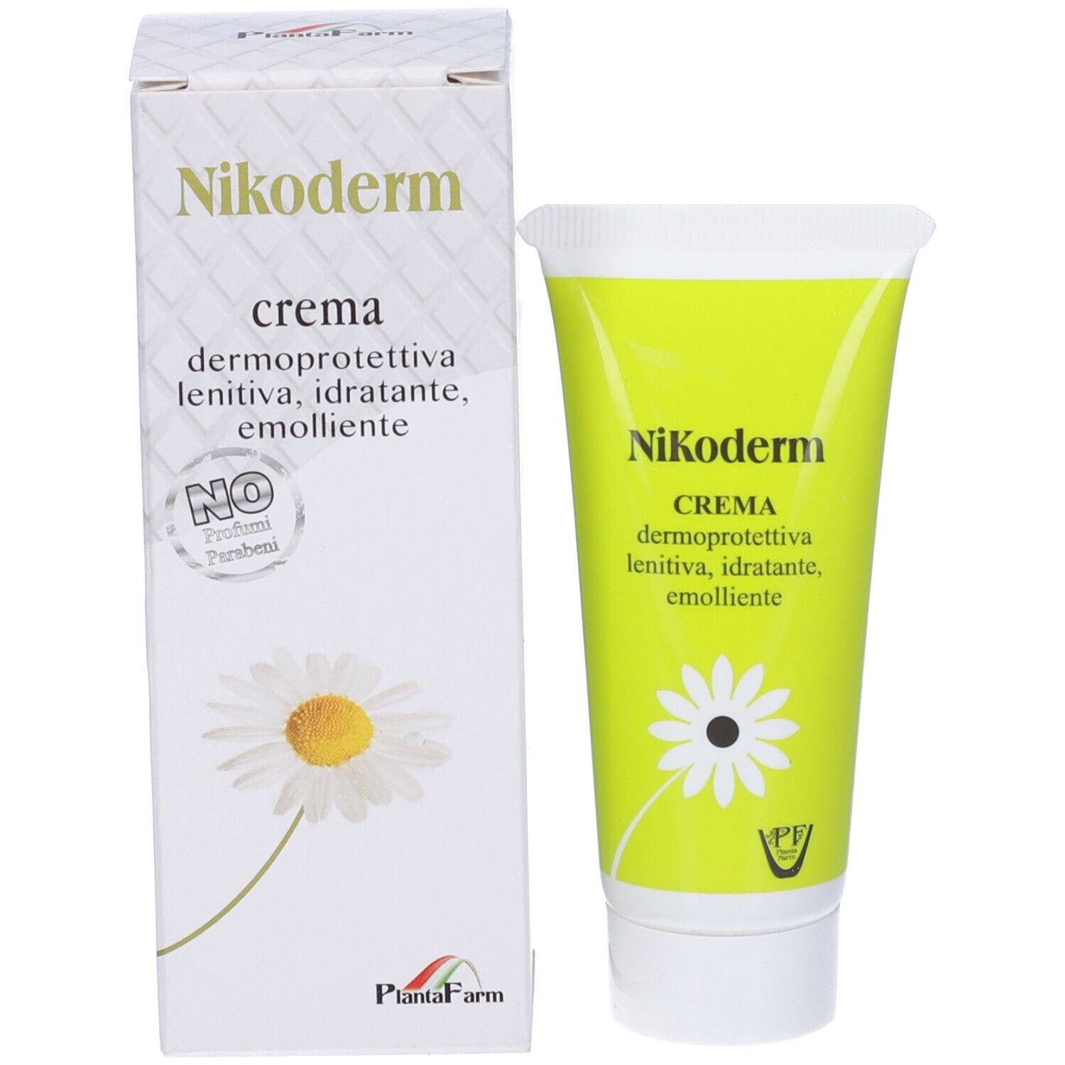 Confezione e tubo Nikoderm Crema. Nome prodotto, informazioni e fiore di camomilla. Senza parabeni.