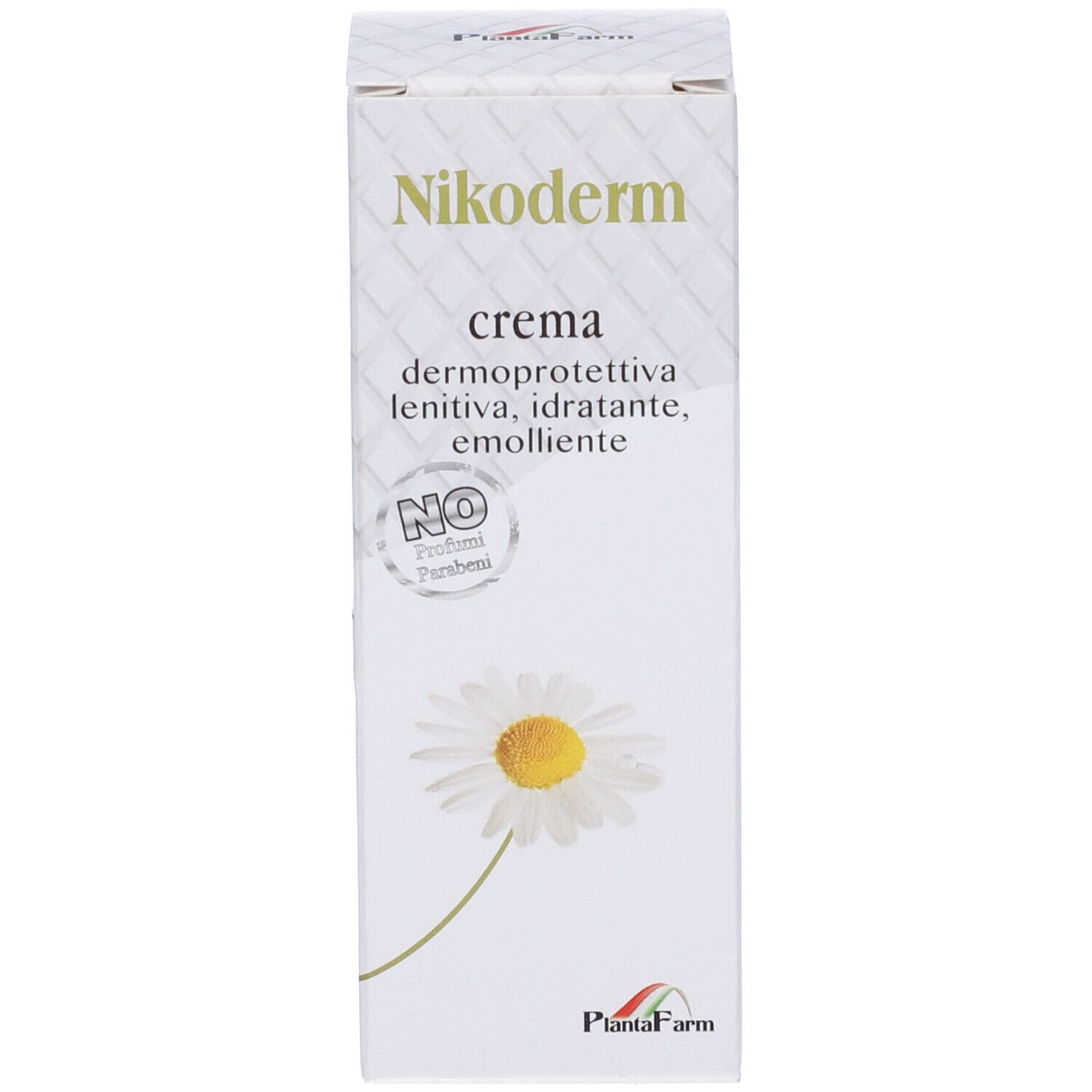 Confezione Nikoderm Crema. Nome prodotto, informazioni e fiore di camomilla. Senza parabeni. Plantafarm.