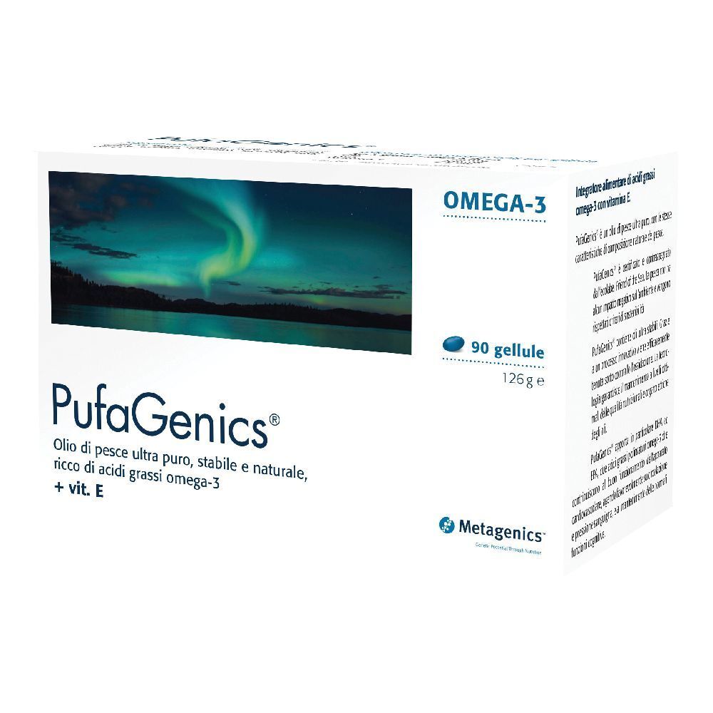 Scatola di Metagenics™ PufaGenics Gellule. Contiene 90 capsule. Scritto: Omega-3, olio di pesce puro, + Vit. E.