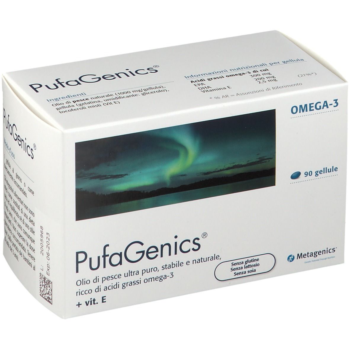 Scatola Metagenics™ PufaGenics Gellule. 90 capsule. Scritto: Omega-3, olio di pesce puro, senza glutine, lattosio, soia.