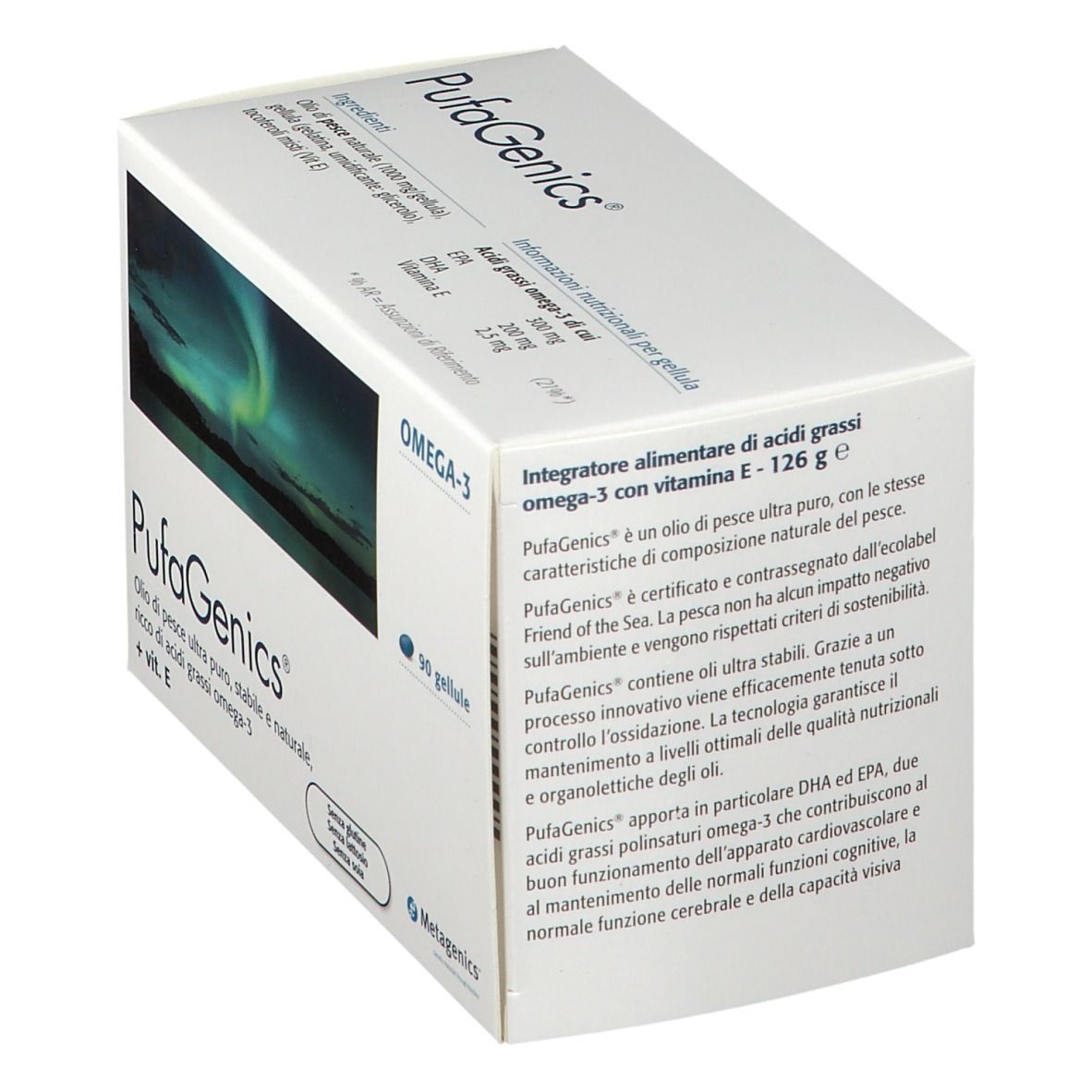 Scatola Metagenics™ PufaGenics Gellule. 90 capsule. Scritto: Omega-3, olio di pesce puro, senza glutine, lattosio, soia.