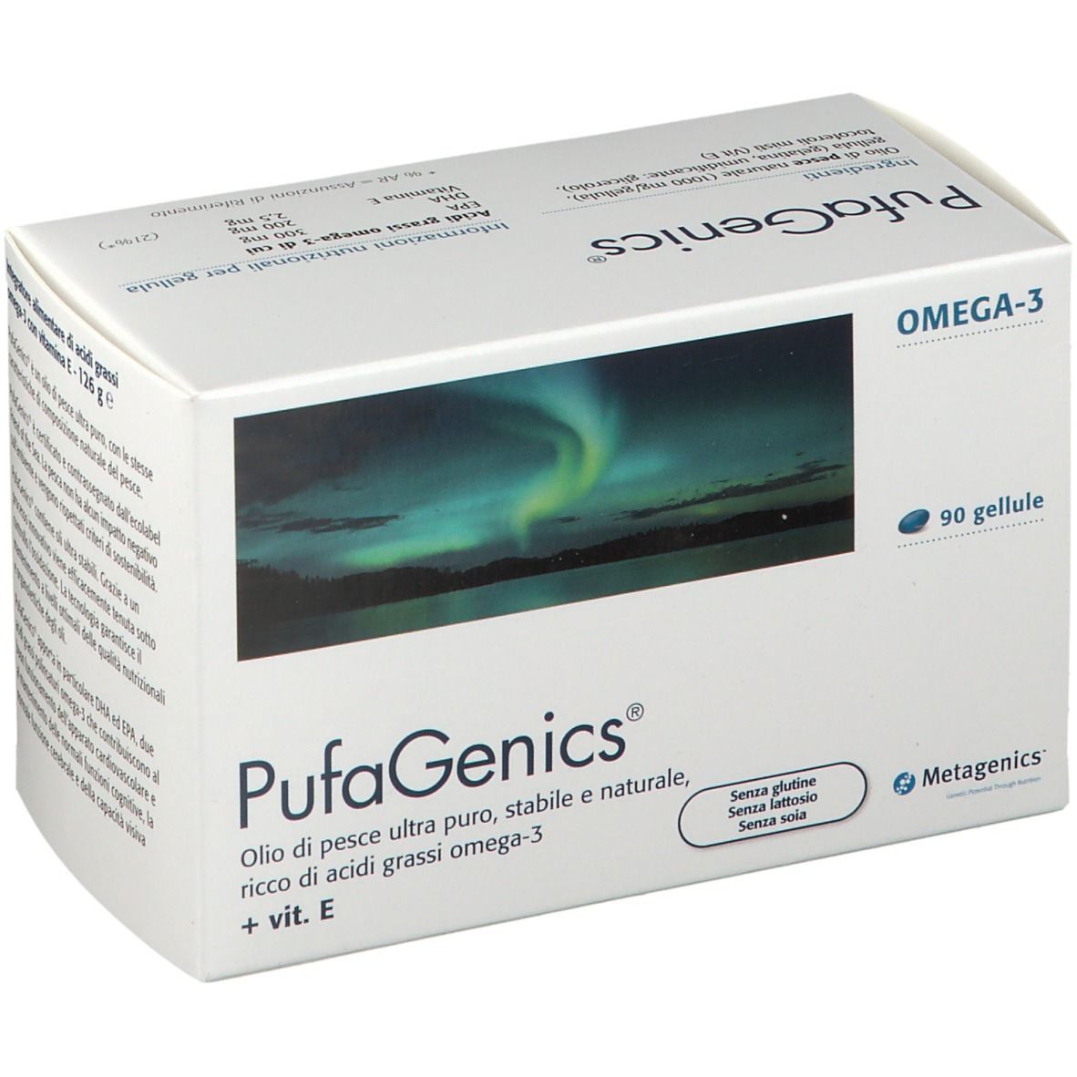 Scatola Metagenics™ PufaGenics Gellule. 90 capsule. Scritto: Omega-3, olio di pesce puro, senza glutine, lattosio, soia.