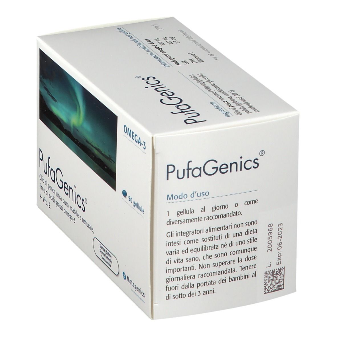 Scatola Metagenics™ PufaGenics Gellule. 90 capsule. Scritto: Omega-3, olio di pesce puro, senza glutine, lattosio, soia.
