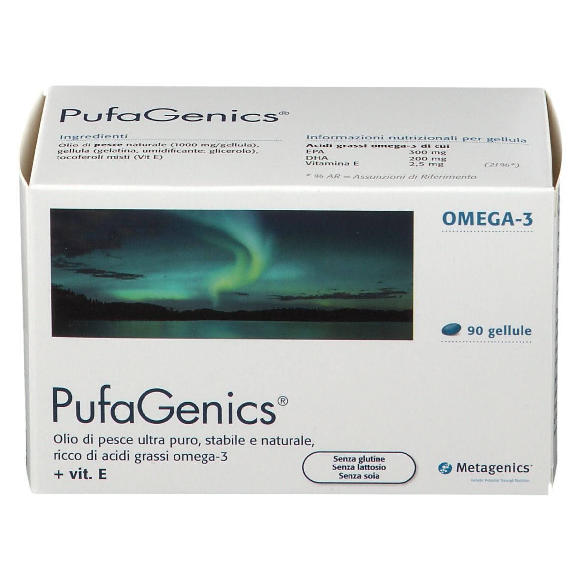 Scatola Metagenics™ PufaGenics Gellule. 90 capsule. Scritto: Omega-3, olio di pesce puro, senza glutine, lattosio, soia.