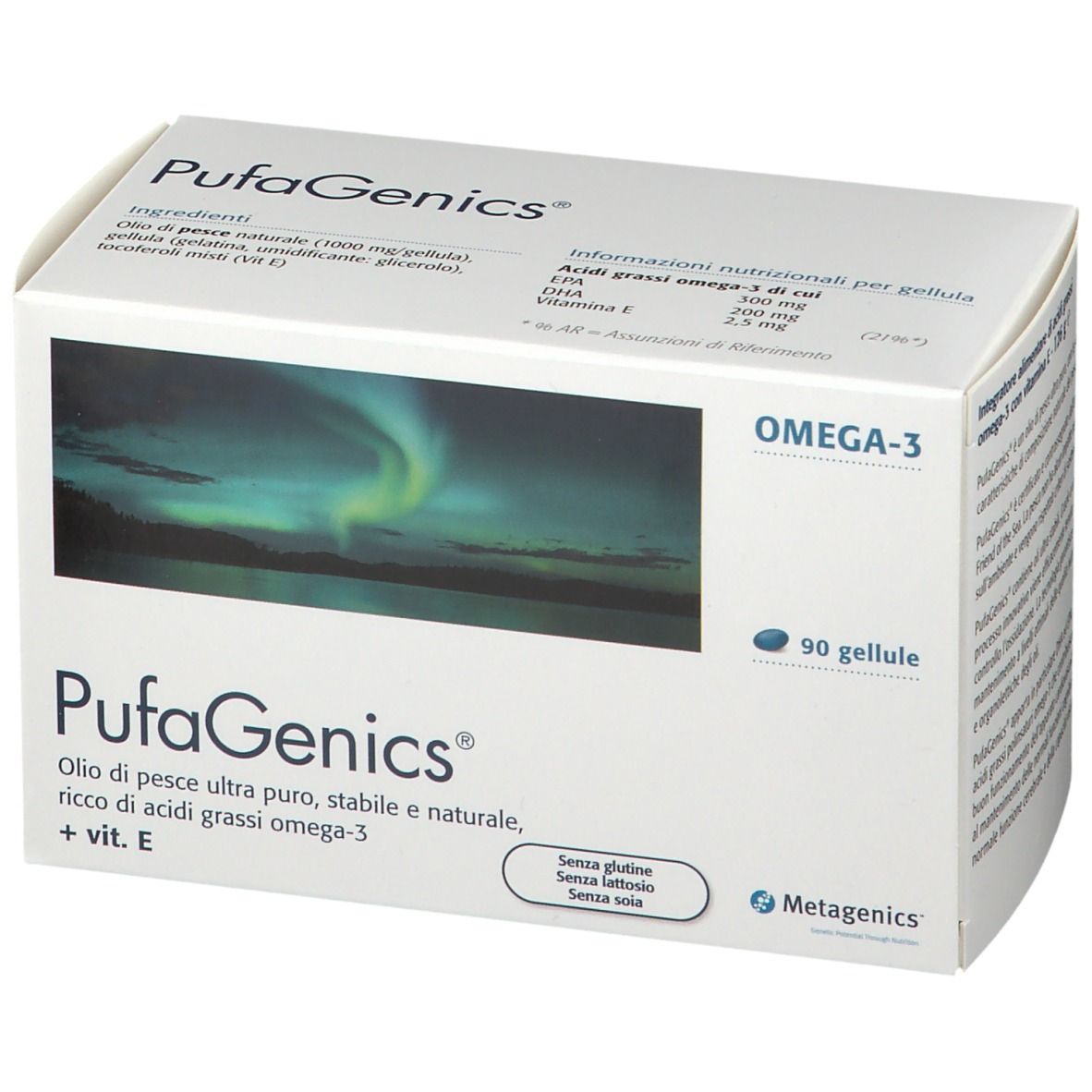 Scatola Metagenics™ PufaGenics Gellule. 90 capsule. Scritto: Omega-3, olio di pesce puro, senza glutine, lattosio, soia.