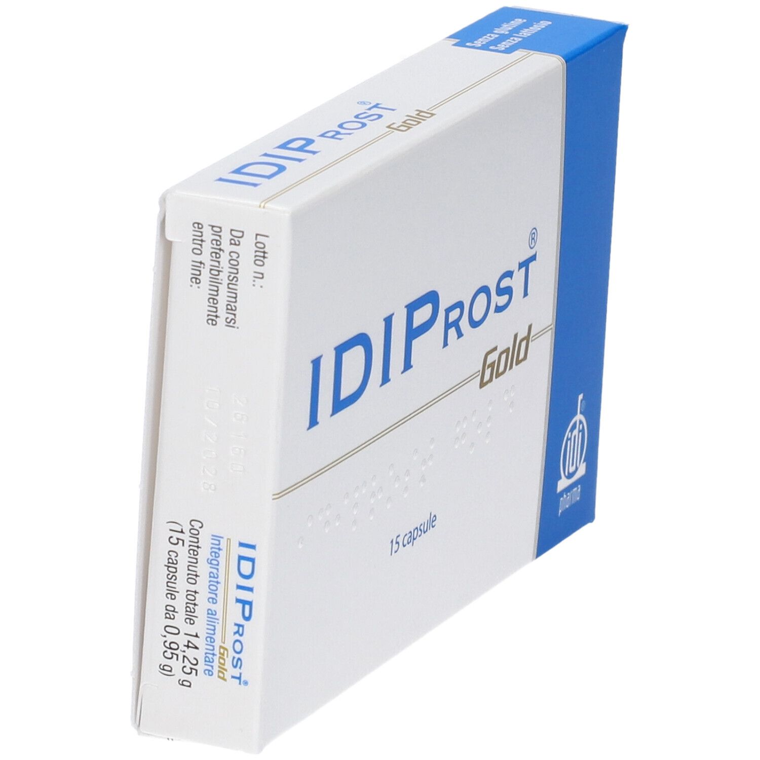 Schachtel "IDIPROST Gold" mit Text und 15 Kapseln. Blaue Seite mit Logo. Text in italienischer Sprache.