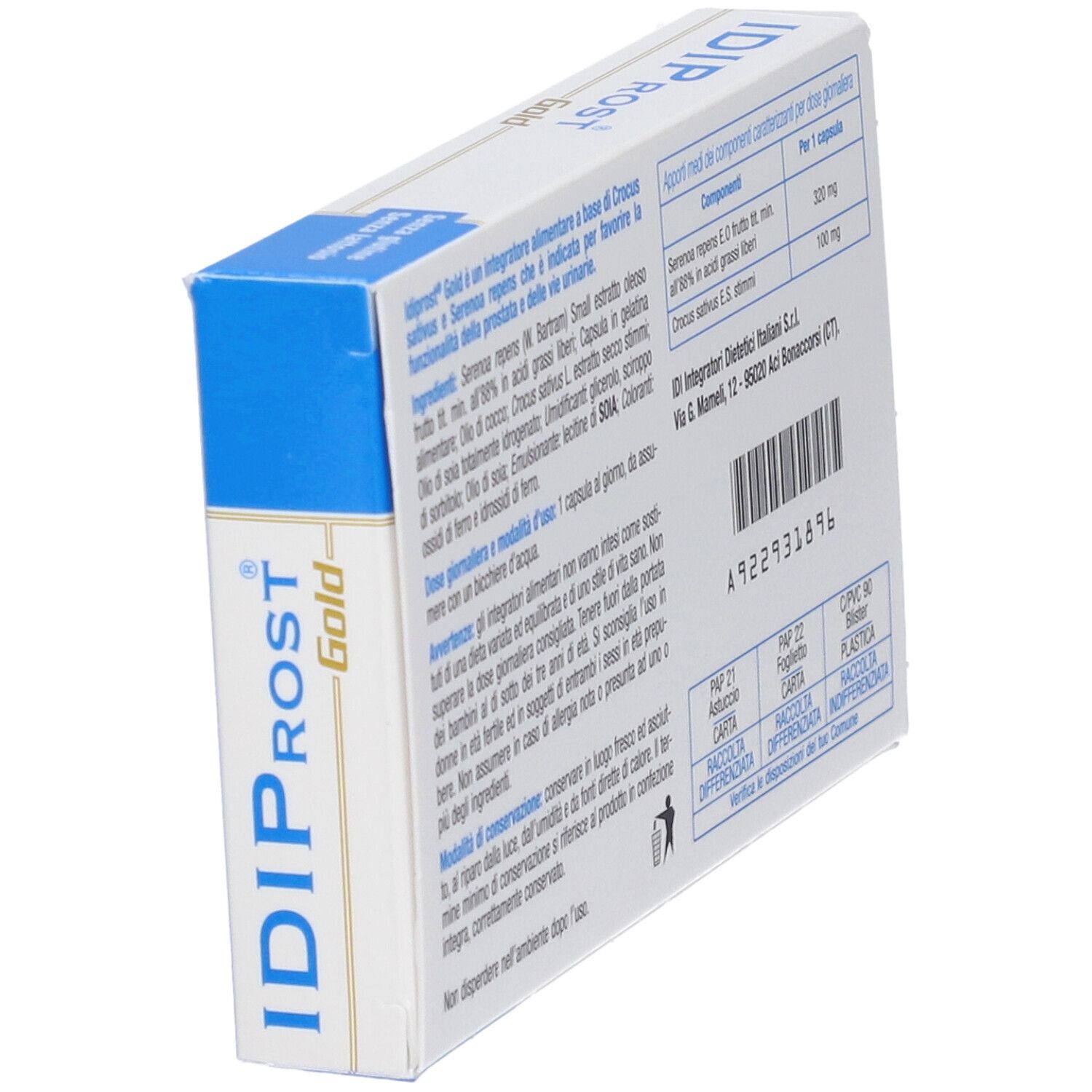 Schachtel "IDIPROST Gold" mit Text und Inhaltsangaben. Blaue Seite mit Logo. Text in italienischer Sprache.