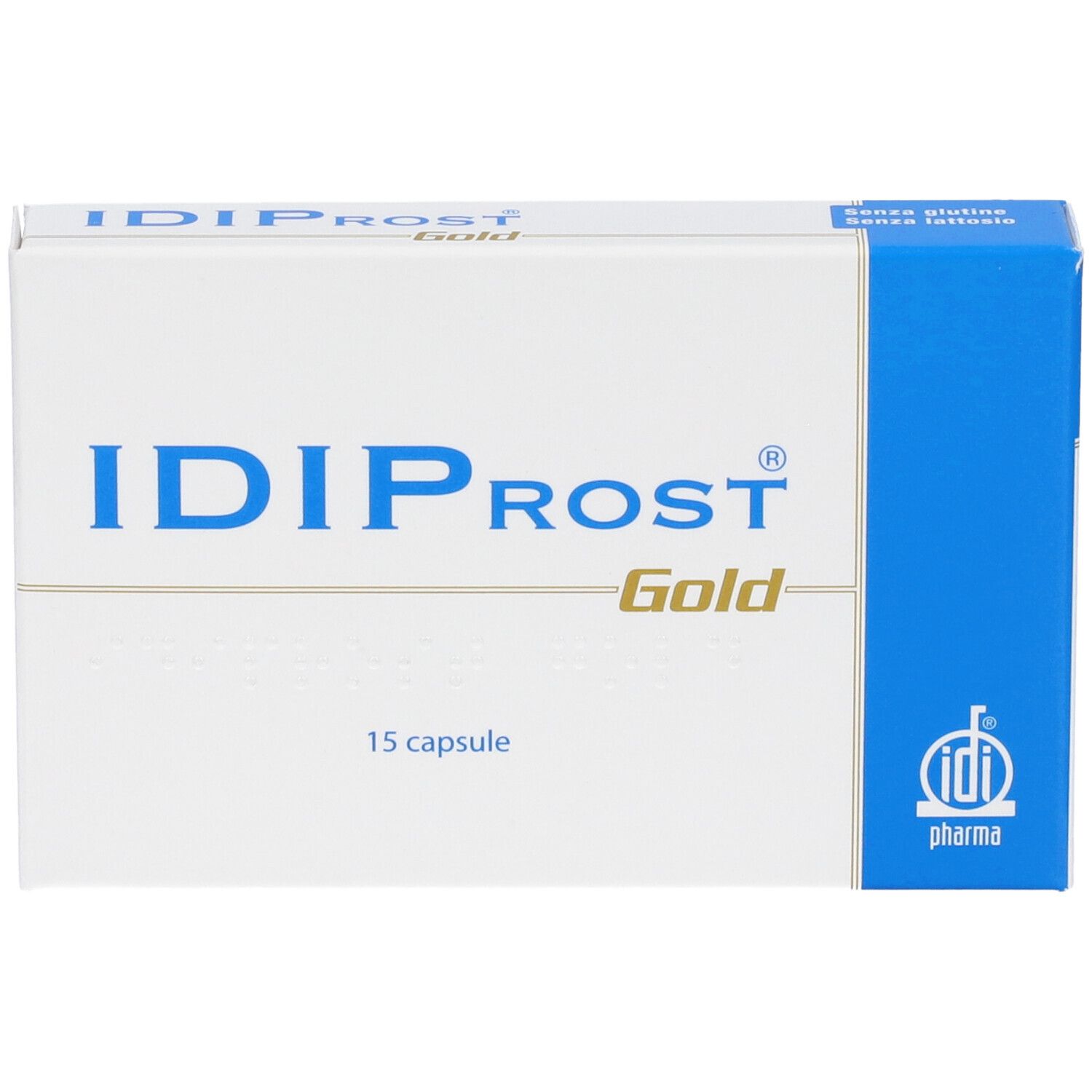 Weiß-blaue Schachtel mit "IDIPROST Gold"-Logo und 15 Kapseln. IDI Pharma-Logo unten rechts.