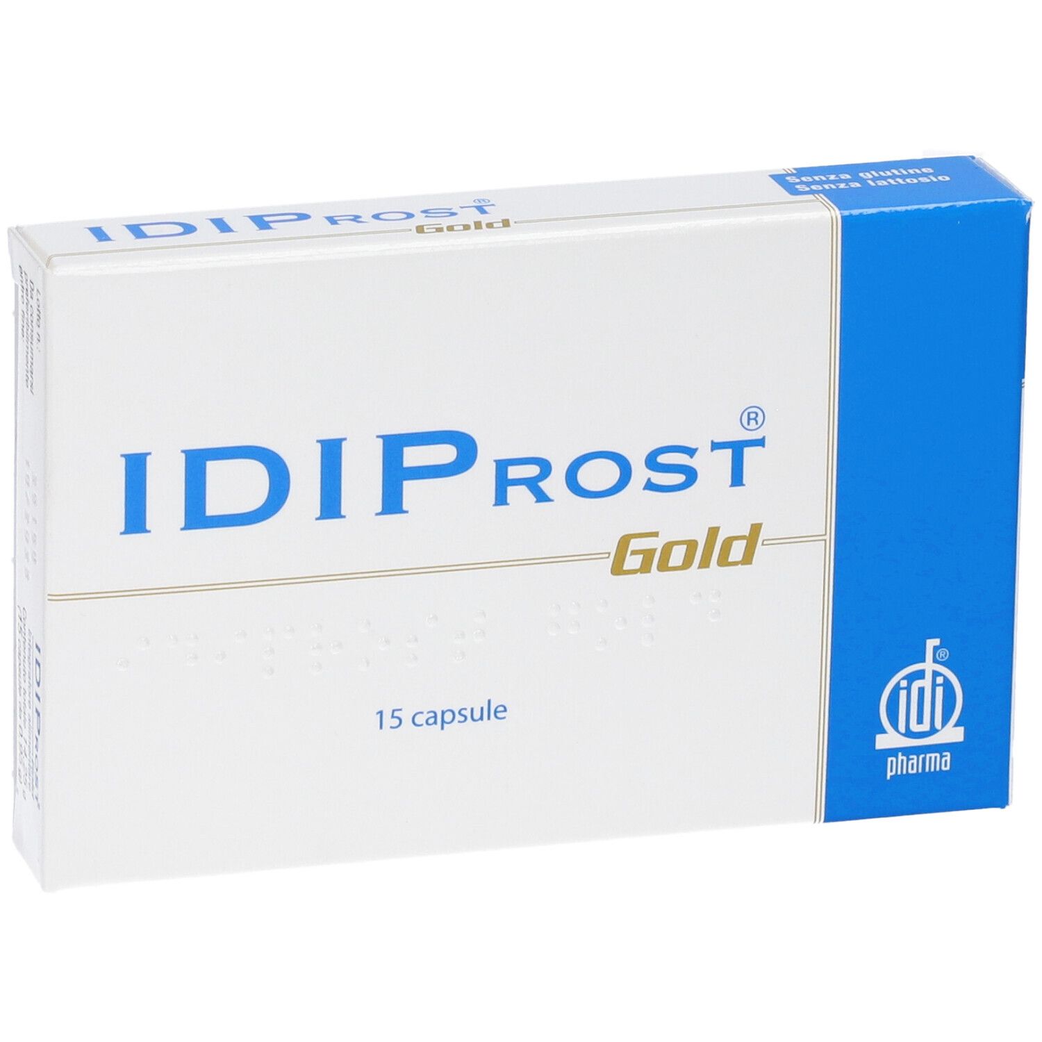 Weiß-blaue Schachtel mit "IDIPROST Gold"-Logo und 15 Kapseln. IDI Pharma-Logo unten rechts.