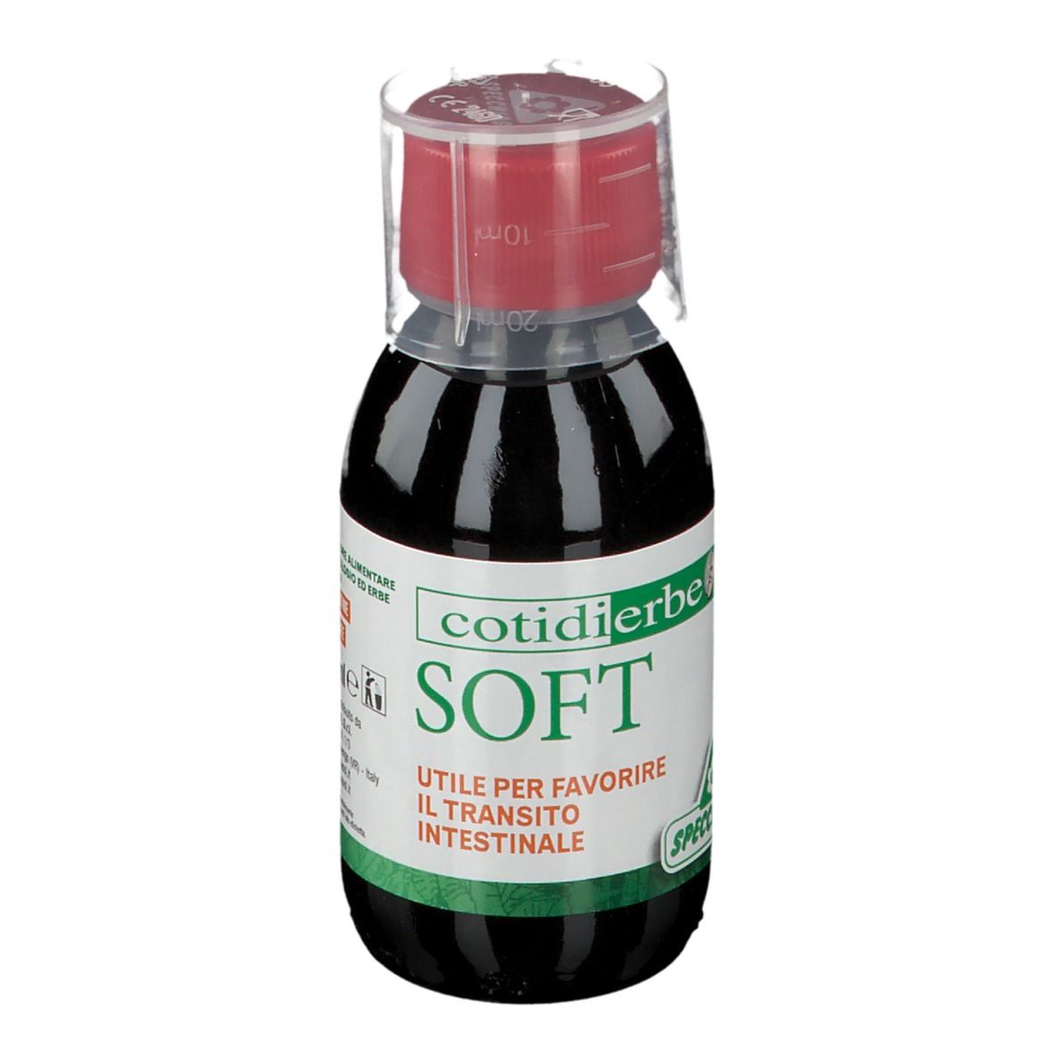 Liquido marrone in bottiglia con tappo rosso. Scritta: Cotidierbe SOFT. Utile per favorire il transito intestinale.