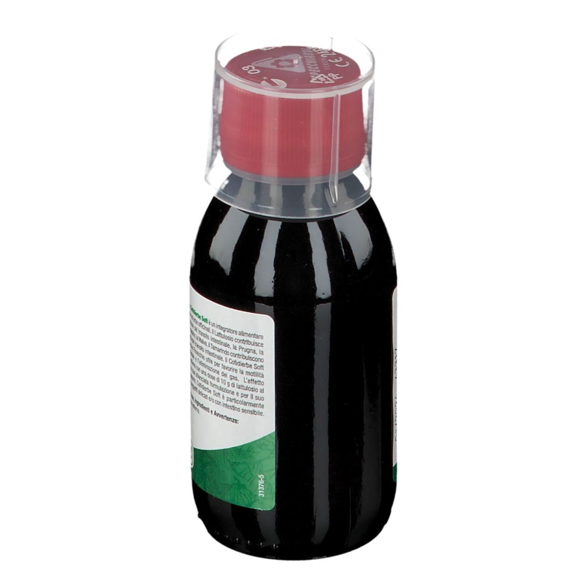 Liquido marrone in bottiglia con tappo rosso. Scritta: Cotidierbe SOFT. Etichetta con informazioni sul prodotto.