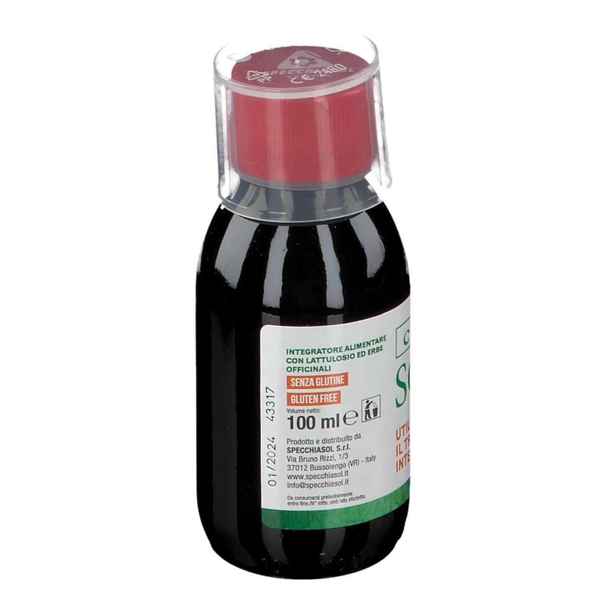 Liquido marrone in bottiglia con tappo rosso. Scritta: Cotidierbe SOFT. Senza glutine. 100 ml.