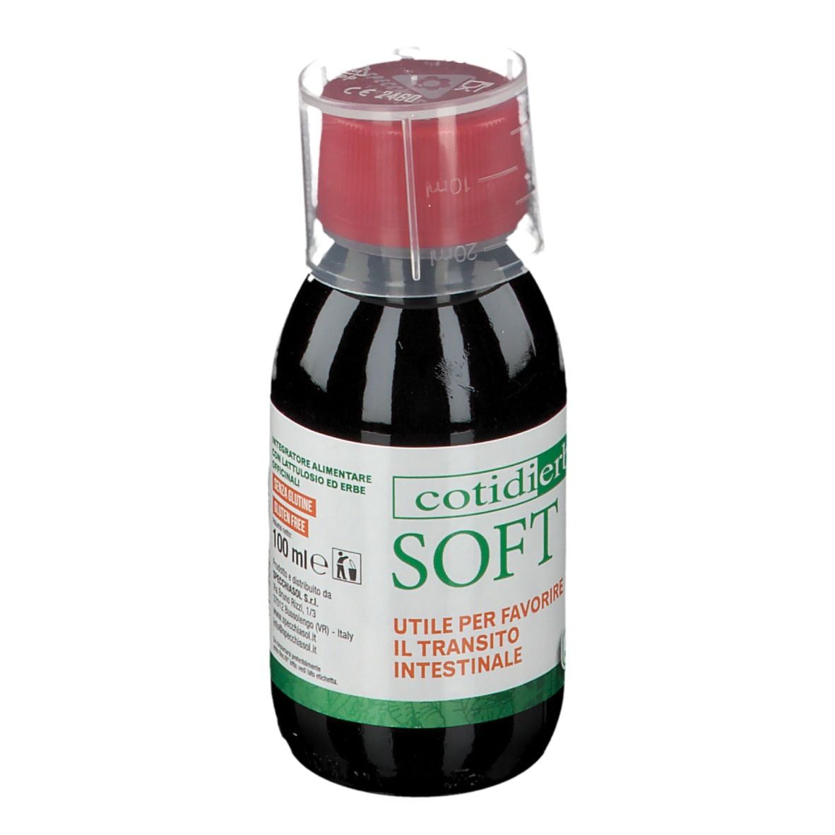 Liquido marrone in bottiglia con tappo rosso. Scritta: Cotidierbe SOFT. 100 ml. Utile per il transito intestinale.