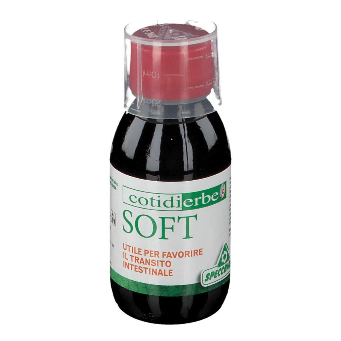 Liquido marrone in bottiglia con tappo rosso. Scritta: Cotidierbe SOFT. Utile per il transito intestinale.