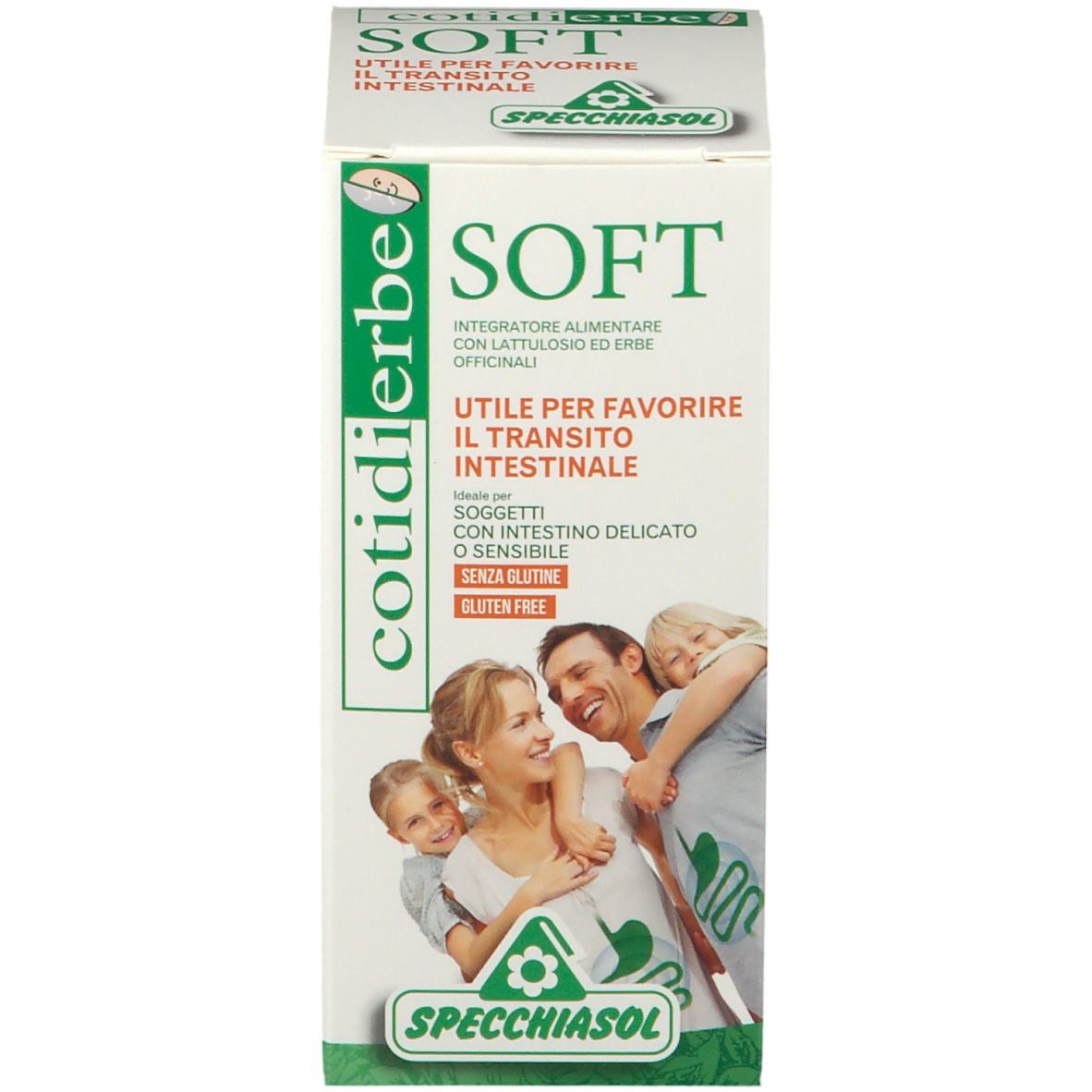 Confezione di Cotidierbe SOFT. Nome prodotto, foto di famiglia, testo. Senza glutine. Utile per il transito intestinale.