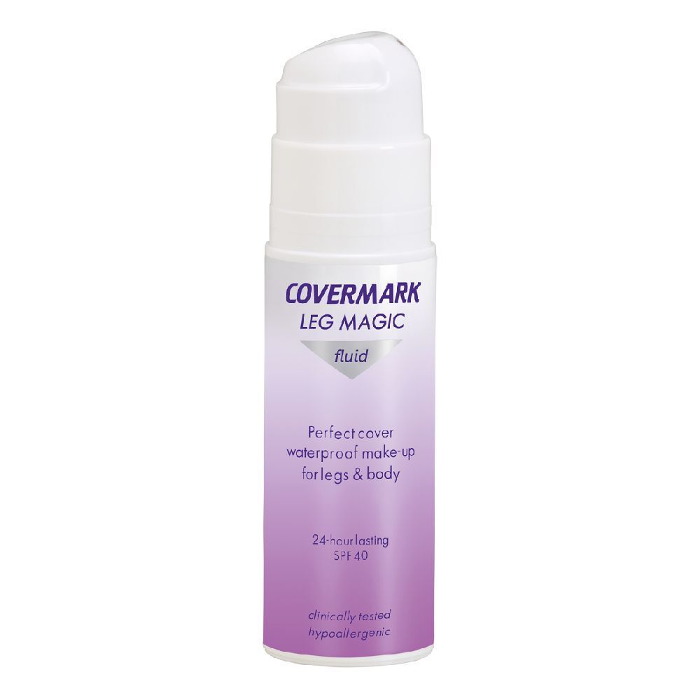 Covermark Leg Magic Fluid. Flacone bianco con pompa. Stampa viola e bianca. Testo: Perfect cover waterproof make-up for legs & body. SPF 40.
