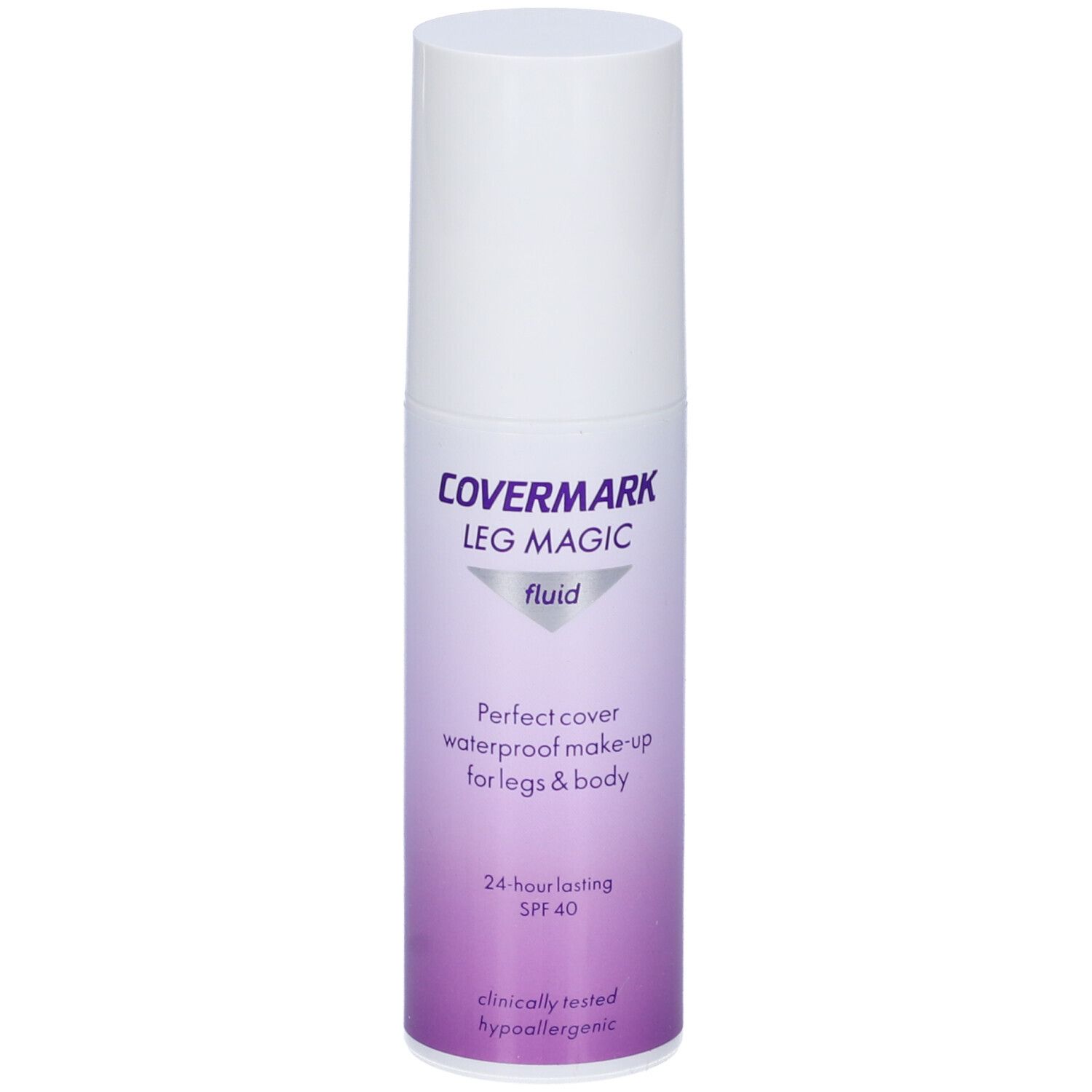 Covermark Leg Magic Fluid. Flacone bianco. Stampa viola e bianca. Testo: Perfect cover waterproof make-up for legs & body. SPF 40.