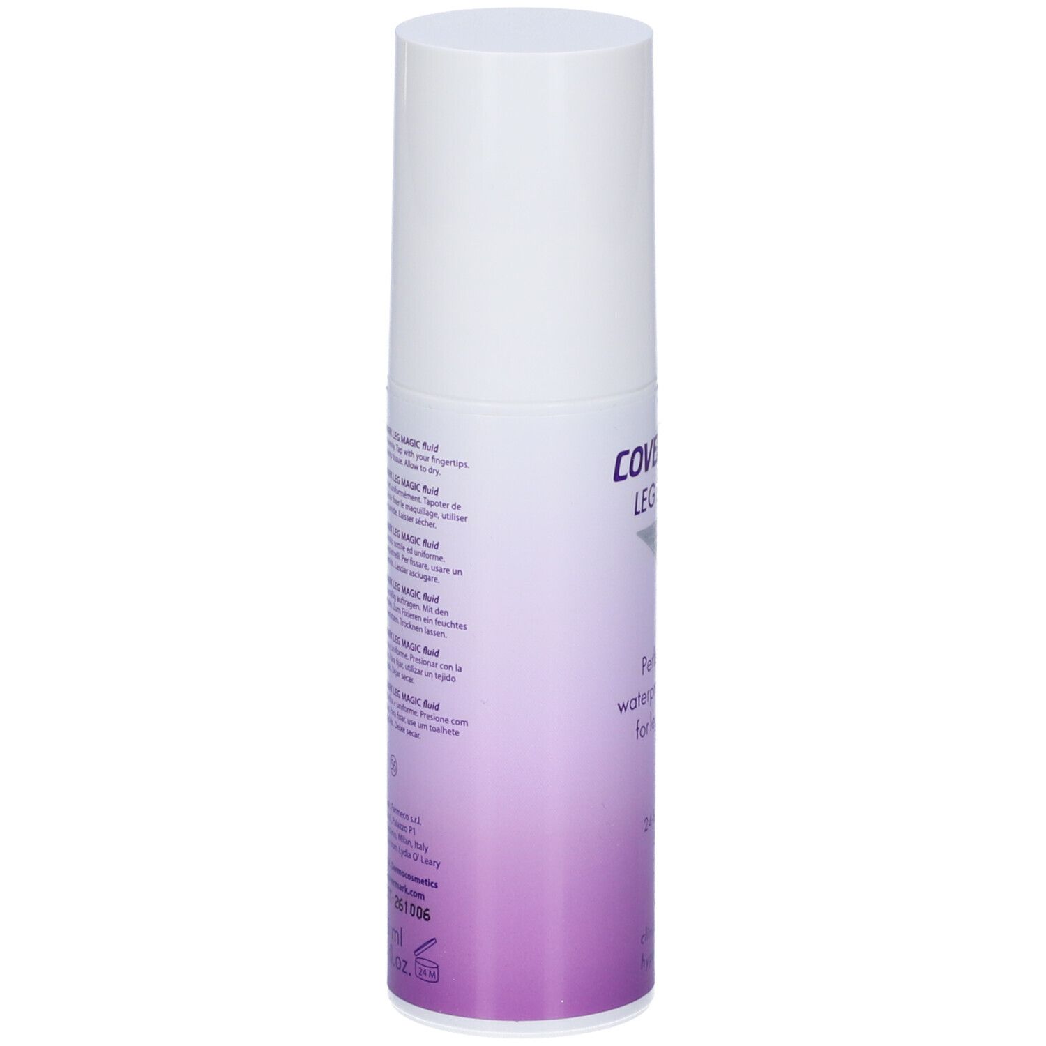Covermark Leg Magic Fluid. Flacone bianco. Testo multilingue. Informazioni sul prodotto sul retro. Sfumatura viola e bianca.