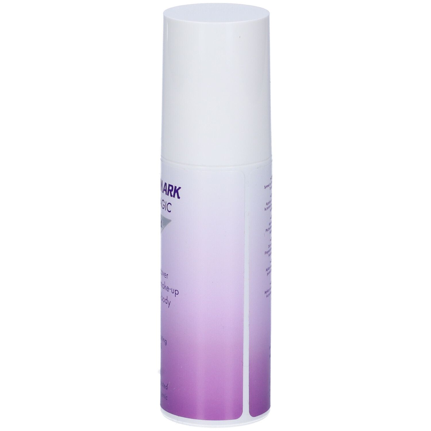 Covermark Leg Magic Fluid. Flacone bianco. Testo multilingue. Informazioni sul prodotto sul retro. Sfumatura viola e bianca.