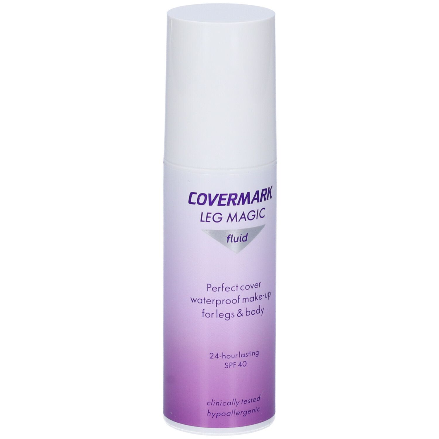 Covermark Leg Magic Fluid. Flacone bianco. Stampa viola e bianca. Testo: Perfect cover waterproof make-up for legs & body. SPF 40.