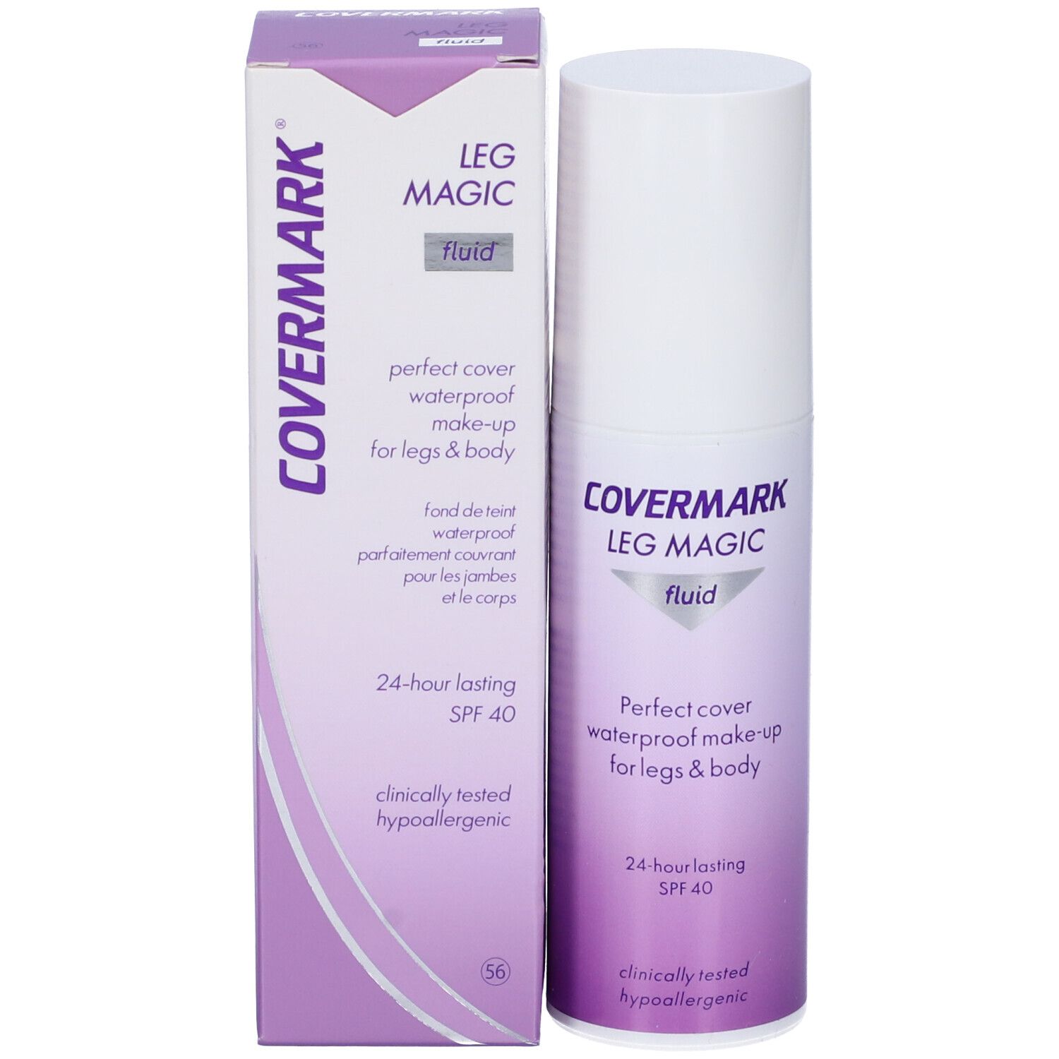 Covermark Leg Magic Fluid. Flacone e confezione bianchi. Stampa viola e bianca. Testo: Perfect cover waterproof make-up for legs & body. SPF 40.
