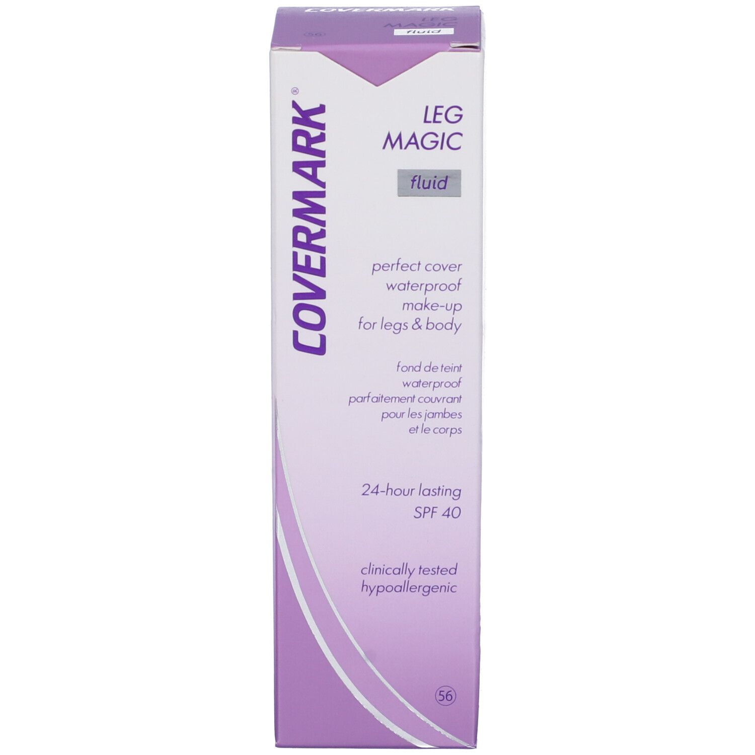 Covermark Leg Magic Fluid. Confezione. Stampa viola e bianca. Testo: Perfect cover waterproof make-up for legs & body. SPF 40. Numero colore 56.