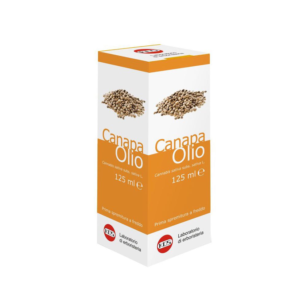 Confezione di "Canapa Olio" con immagine di semi di canapa. Scritta "125 ml e". Colori: arancione e bianco.