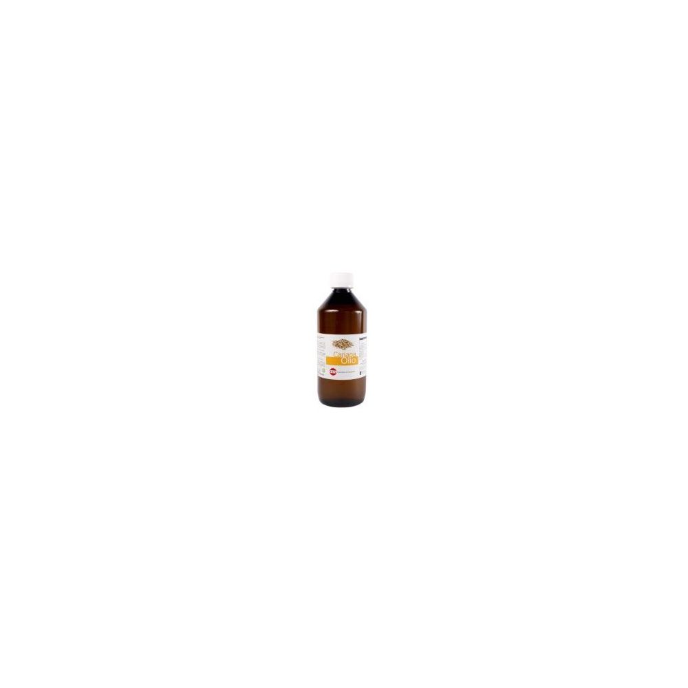 Bottiglia marrone con tappo bianco. Etichetta con testo. Scritta: Olio Di Canapa.