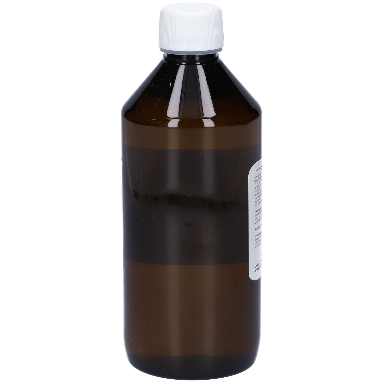 Bottiglia marrone con tappo bianco. Etichetta con testo. Scritta: Canapa Olio. Retro con testo.