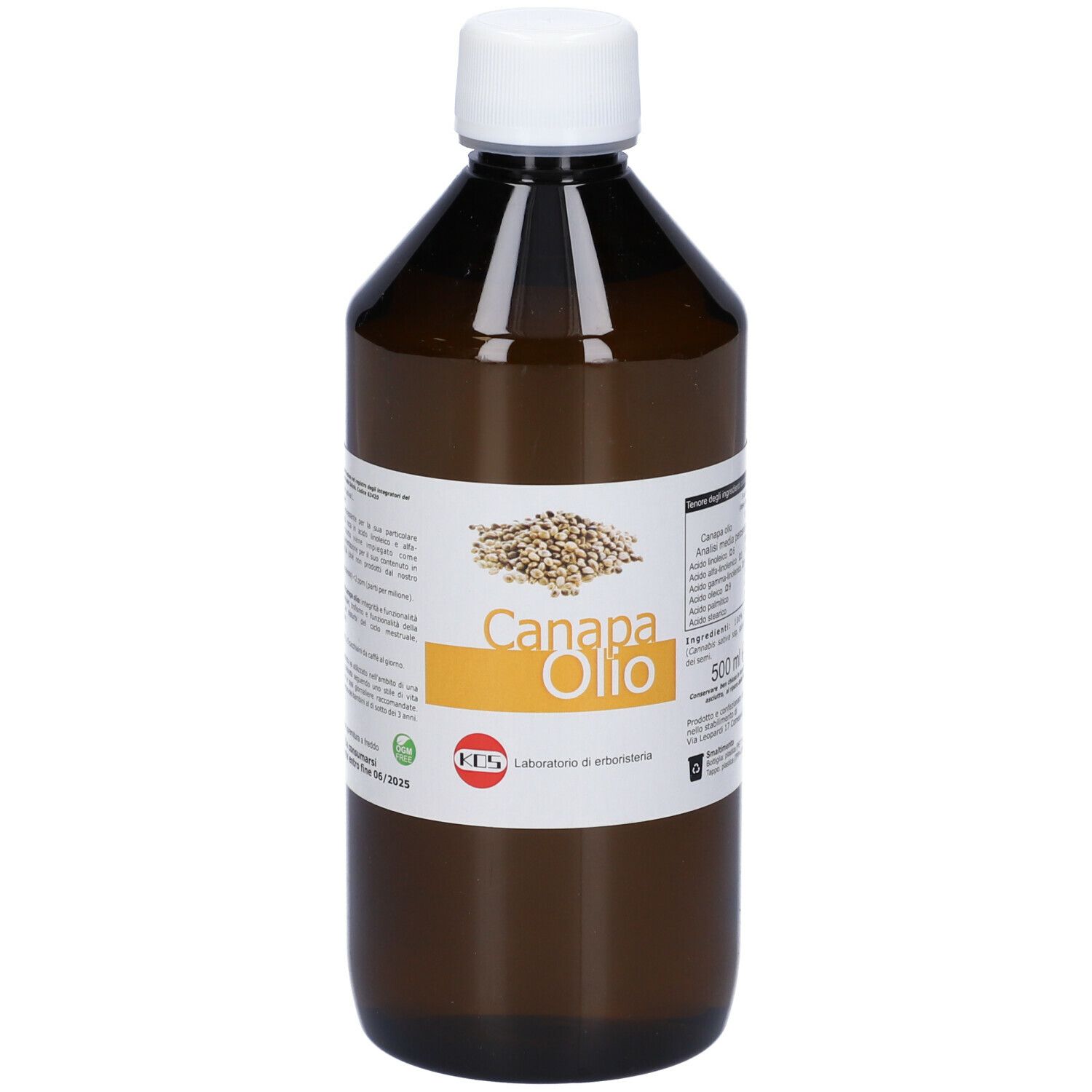 Bottiglia marrone con tappo bianco. Etichetta con testo e immagine di semi di canapa. Scritta: Canapa Olio.