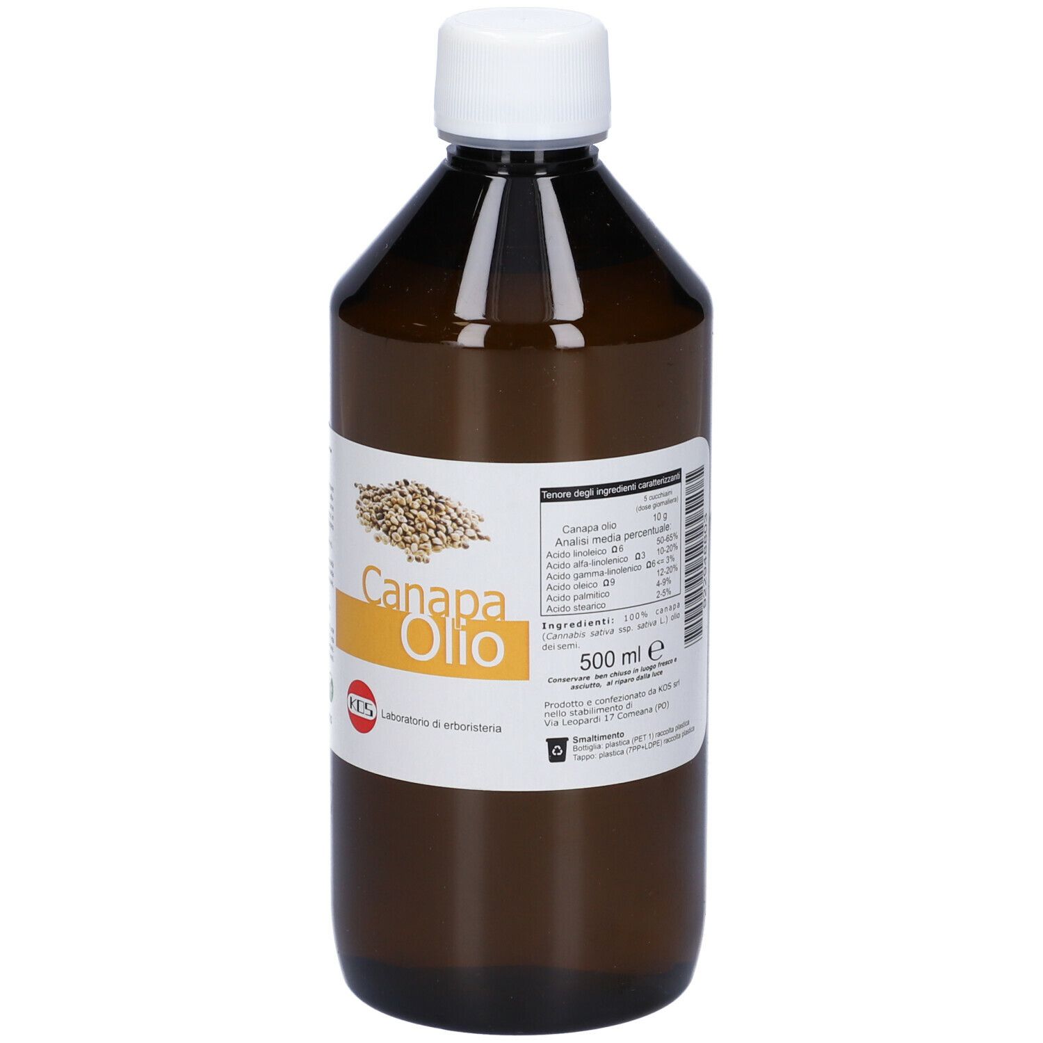 Bottiglia marrone con tappo bianco. Etichetta con testo e immagine di semi di canapa. Scritta: Canapa Olio.