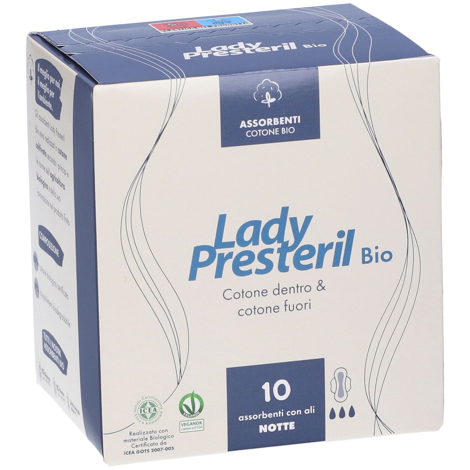 Confezione Lady Presteril Bio. Contiene 10 assorbenti notte con ali. Cotone bio. Certificazione Vegan.