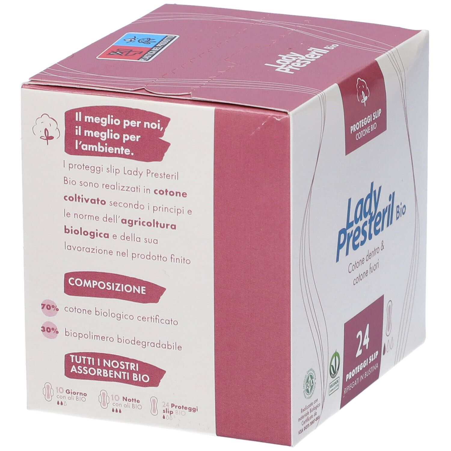 Scatola Lady Presteril Bio Proteggislip. Vista laterale con informazioni e composizione: 70% cotone bio.