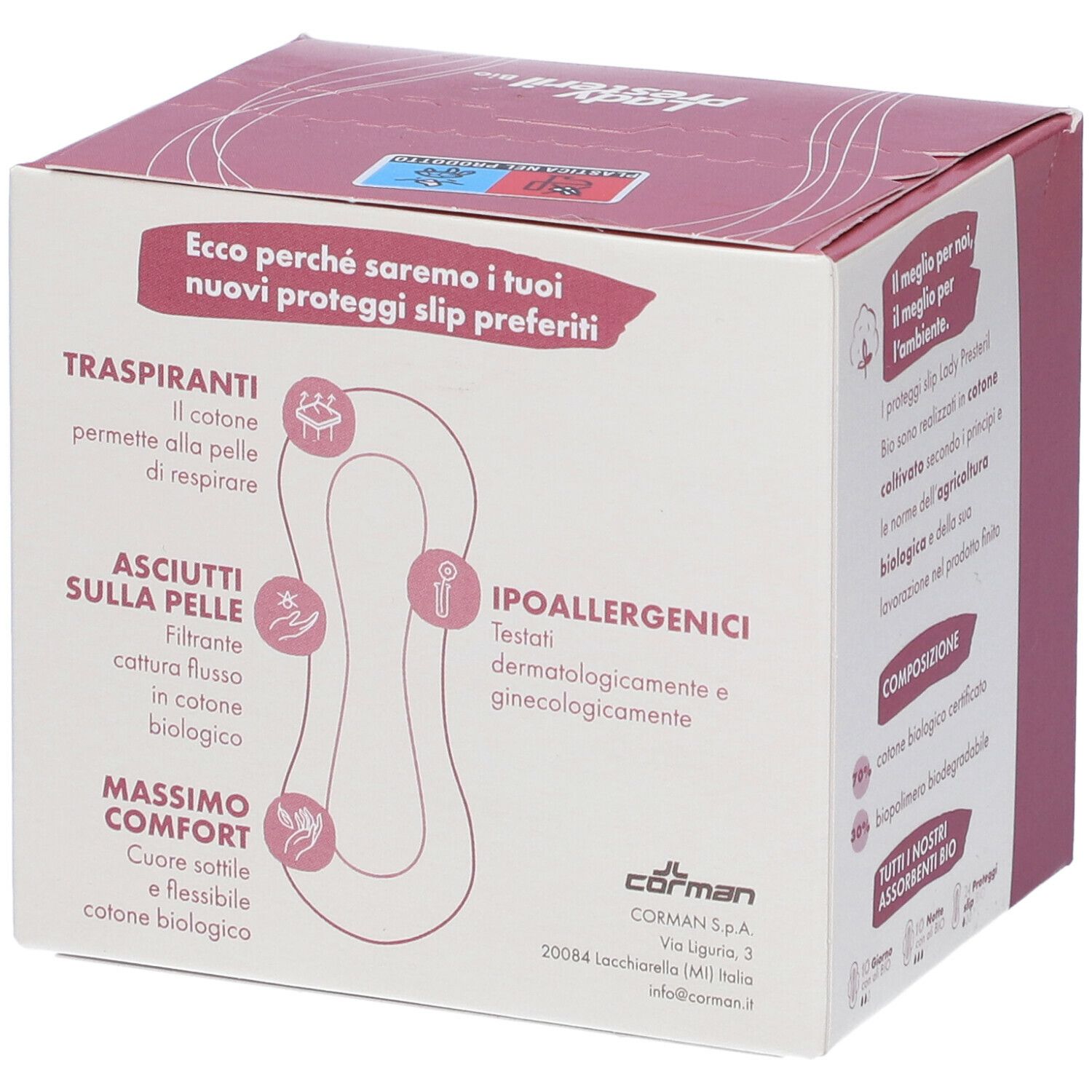 Scatola Lady Presteril Bio Proteggislip. Dettaglio caratteristiche: traspiranti, assorbenti, ipoallergenici.