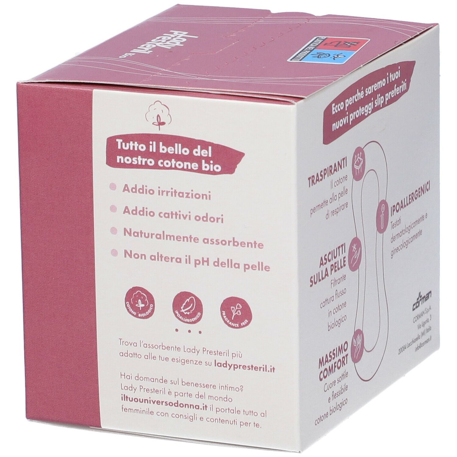 Scatola Lady Presteril Bio Proteggislip. Dettaglio vantaggi: niente irritazioni, neutralizza odori, pH neutro.