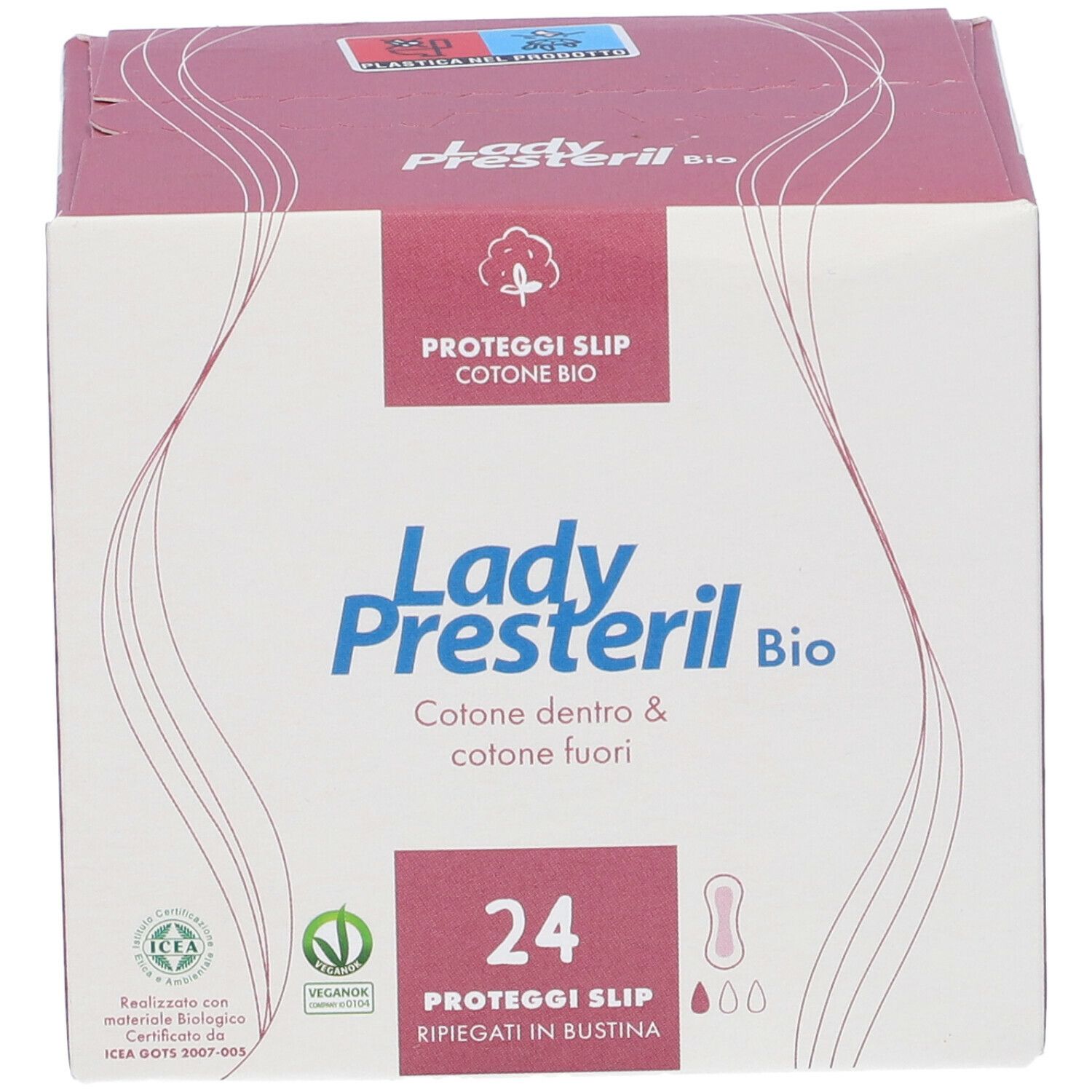 Scatola Lady Presteril Bio Proteggislip. 24 pezzi. Cotone dentro e fuori. Confezione con logo e informazioni.