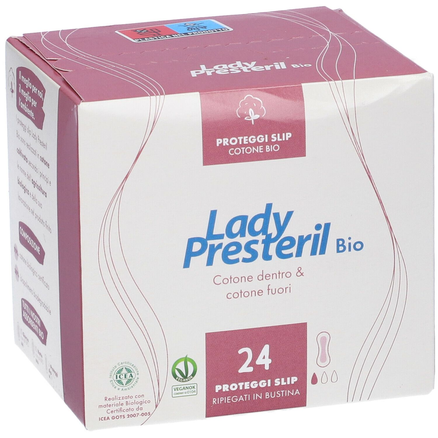 Scatola Lady Presteril Bio Proteggislip. 24 pezzi. Cotone dentro e fuori. Confezione con logo e informazioni.