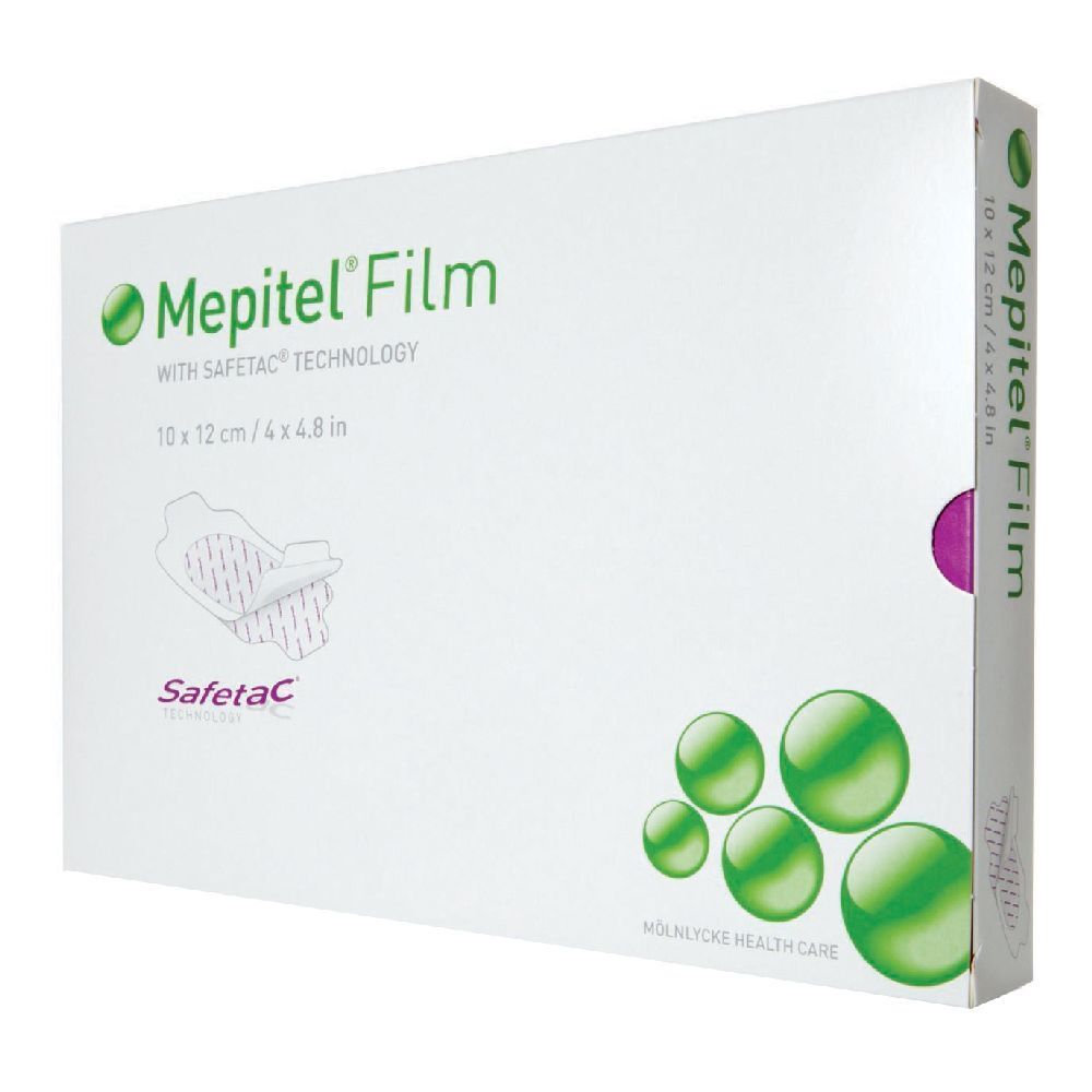 Confezione Mepitel Film, 10x12 cm, tecnologia Safetac. Scatola bianca con cerchi verdi. Prodotto medico.