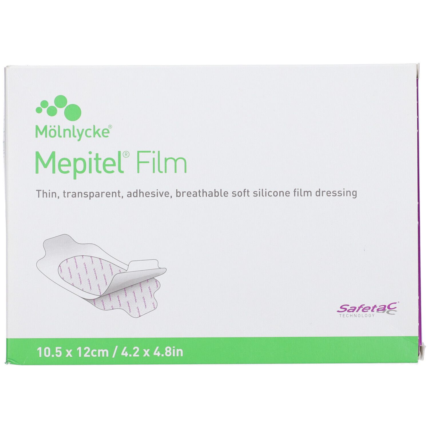 Confezione Mepitel Film, 10,5 x 12 cm. Film silicone adesivo, trasparente, traspirante. Bianco con dettagli verdi.