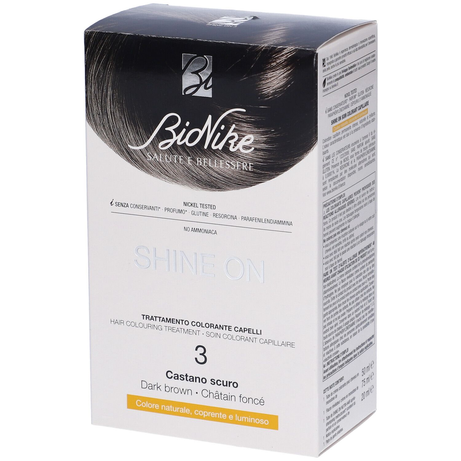 BioNike SHINE ON Castano Scuro 3. Haarfarbepackung. Aufdrucke: Marke, Produktname, Farbton, Inhaltsstoffe.