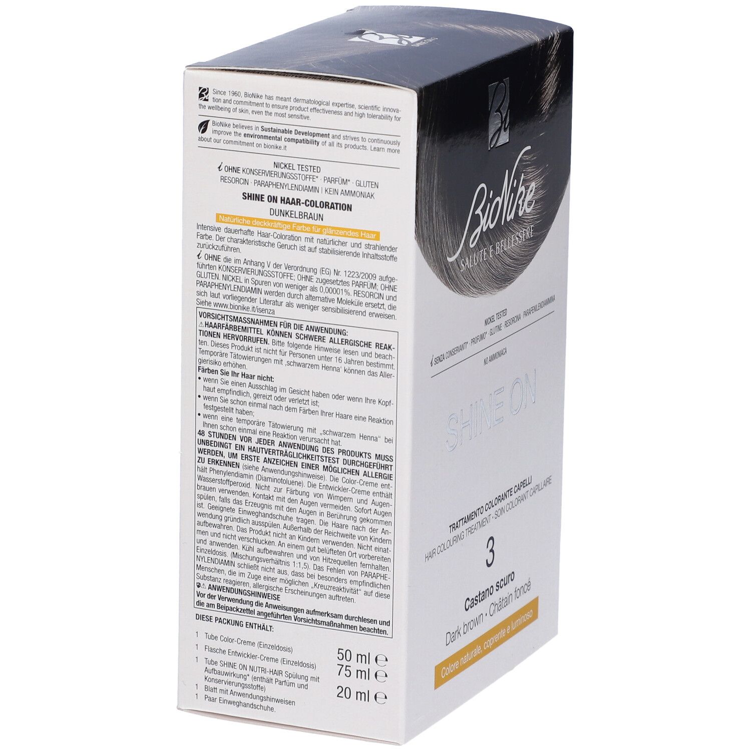 BioNike SHINE ON Castano Scuro 3. Verpackung, Seitenansicht. Text: Produktname, Inhaltsstoffe, Anwendungshinweise, Volumen.