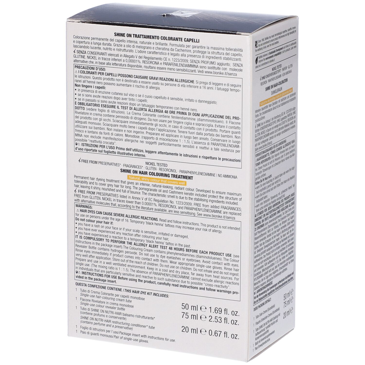 BioNike SHINE ON Castano Scuro 3. Verpackung, Rückseite. Text: Inhaltsstoffe, Anwendungshinweise, Warnhinweise, Volumen.