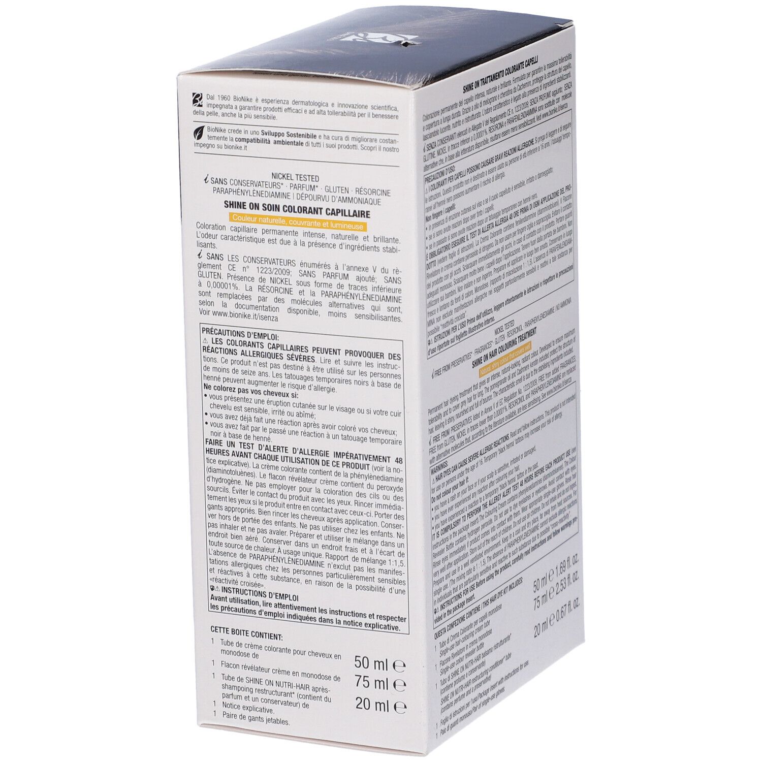 BioNike SHINE ON Castano Scuro 3. Verpackung, Rückseite. Text: Inhaltsstoffe, Anwendungshinweise, Warnhinweise, Volumen.