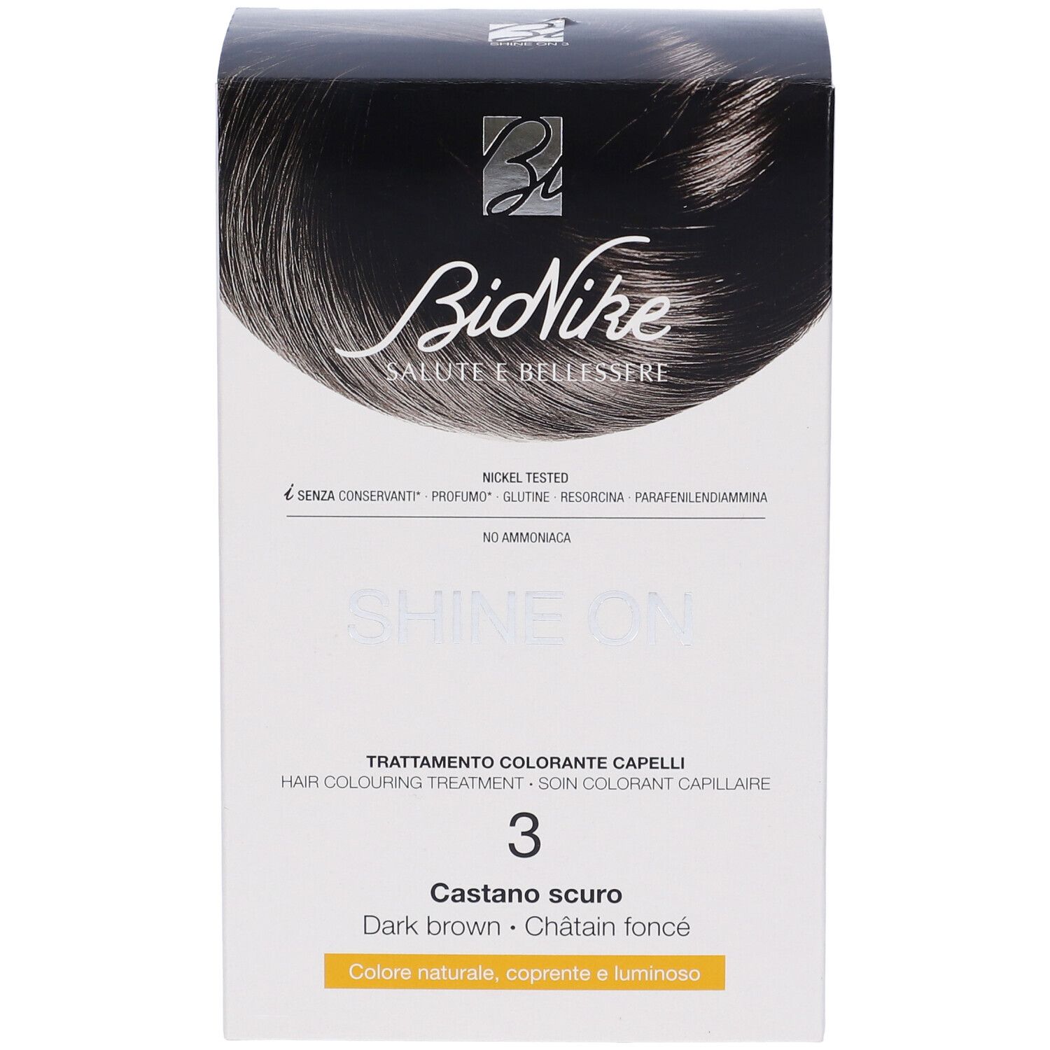 BioNike SHINE ON Castano Scuro 3. Haarfarbepackung. Aufdrucke: Marke, Produktname, Farbton, Inhaltsstoffe.