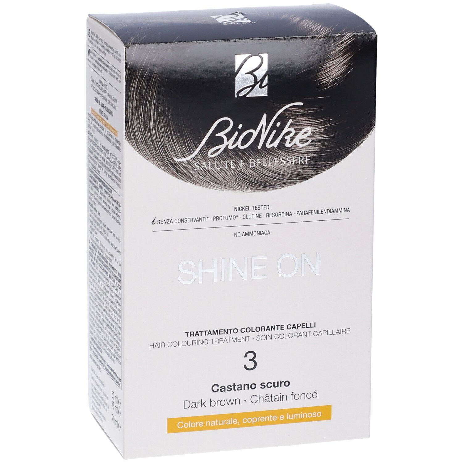BioNike SHINE ON Castano Scuro 3. Haarfarbepackung. Aufdrucke: Marke, Produktname, Farbton, Inhaltsstoffe.