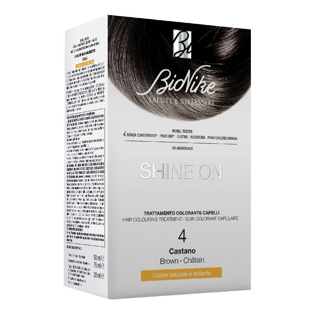 Confezione BioNike Shine On Brown 4. Immagine del prodotto e testo. Marchio e nome del prodotto ben visibili.